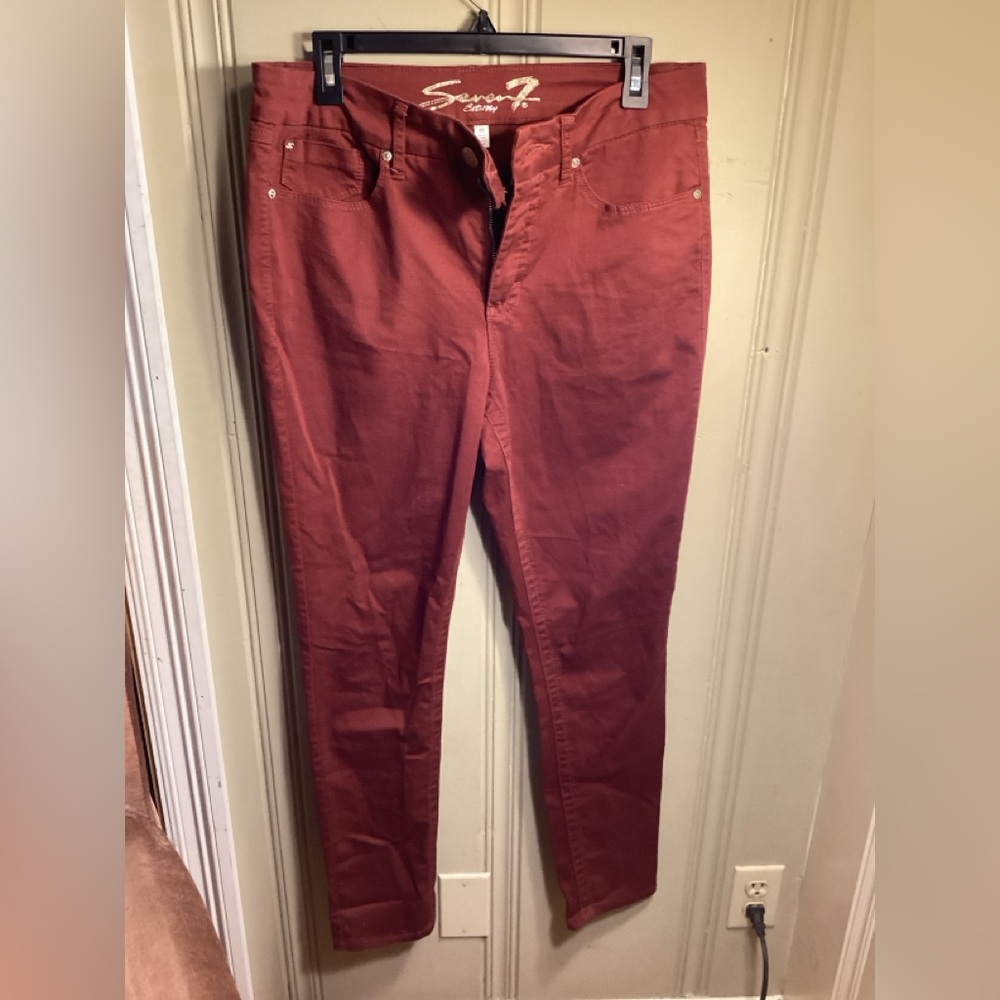 Seven7 Women's Tummyless High Rise Skinny Pants in Brick Red